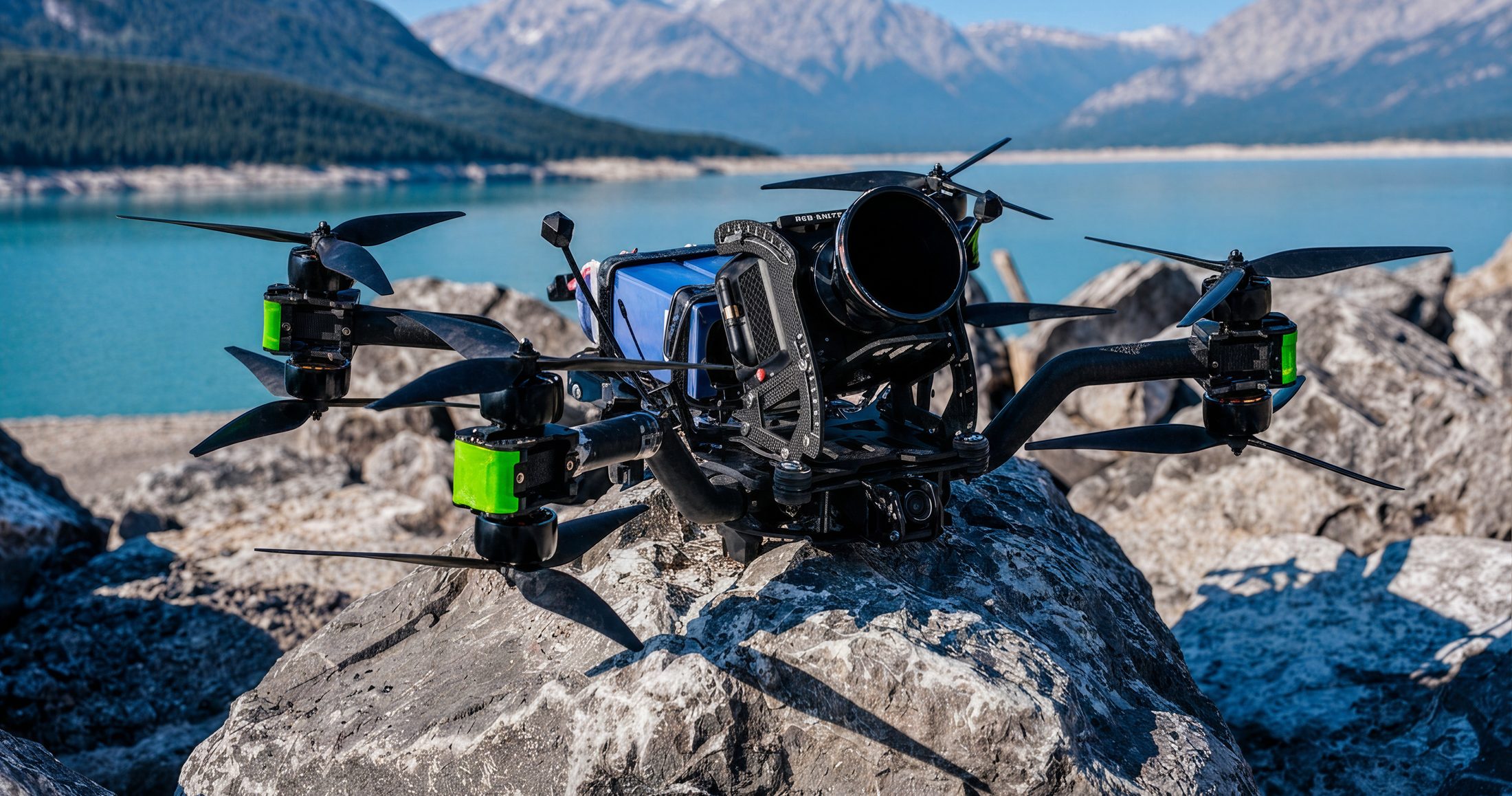 FPV cinelifter carrying a RED Komodo cinema camera at Abraham Lake, Alberta